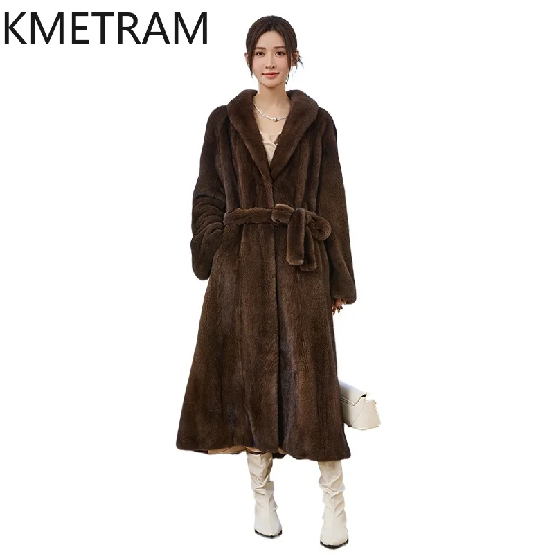 KMETRAM-Chaqueta de piel de visón de grado con etiqueta púrpura Natural para mujer, abrigo de piel auténtica de 120cm de largo con cinturón, ropa de invierno para mujer, 2025