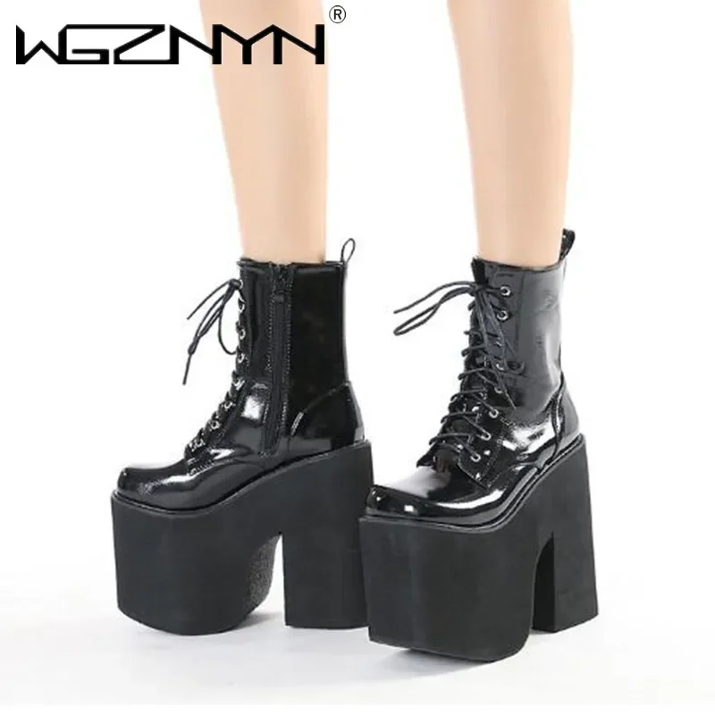 2025 High Platform Boots Women Goth Punk Chunky Heels Catwalk Combat Boots Lace Up Daughter Patent Booties Botas Mujer Plus Size