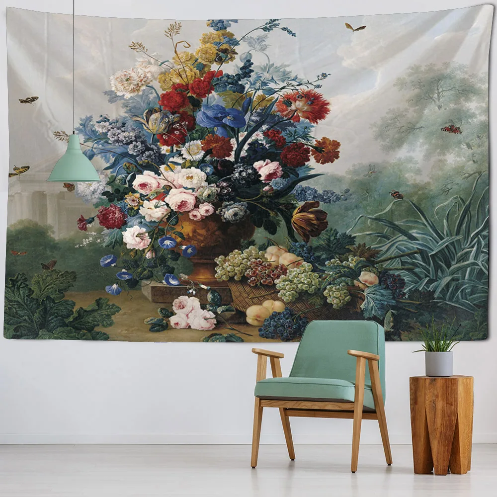 Flower and bird oil painting tapestry European retro art hanging cloth psychedelic scene wall hanging Bohemian home decoration