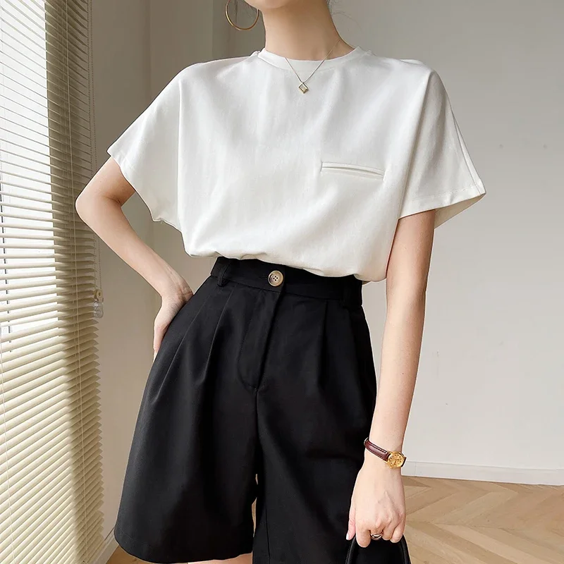 2024 summer new T-shirt women simple pocket loose round collar white fashion all-match short sleeve blouse tees