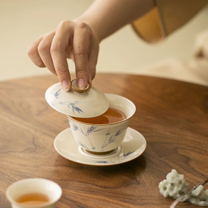 120ml Hand-painted Persimmon Bamboo Cover Bowl Household Anti Scald Gaiwan Handmade Tea Tureen Tea Making Tea Cup Tea Items