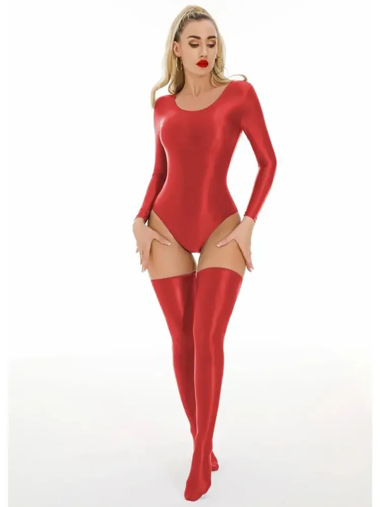 M-XL unissex brilhante manga longa catsuit maiô collants sexy corpo ursinhos elástico fitness bodysuit banho collant unitard