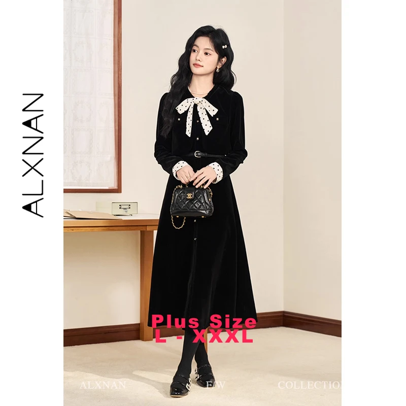 

ALXNAN Plus Size Black Dress Velvet False Two-piece Polka Dot Tie Patchwork Dress Elegant Long Sleeves Clothing Female D07616