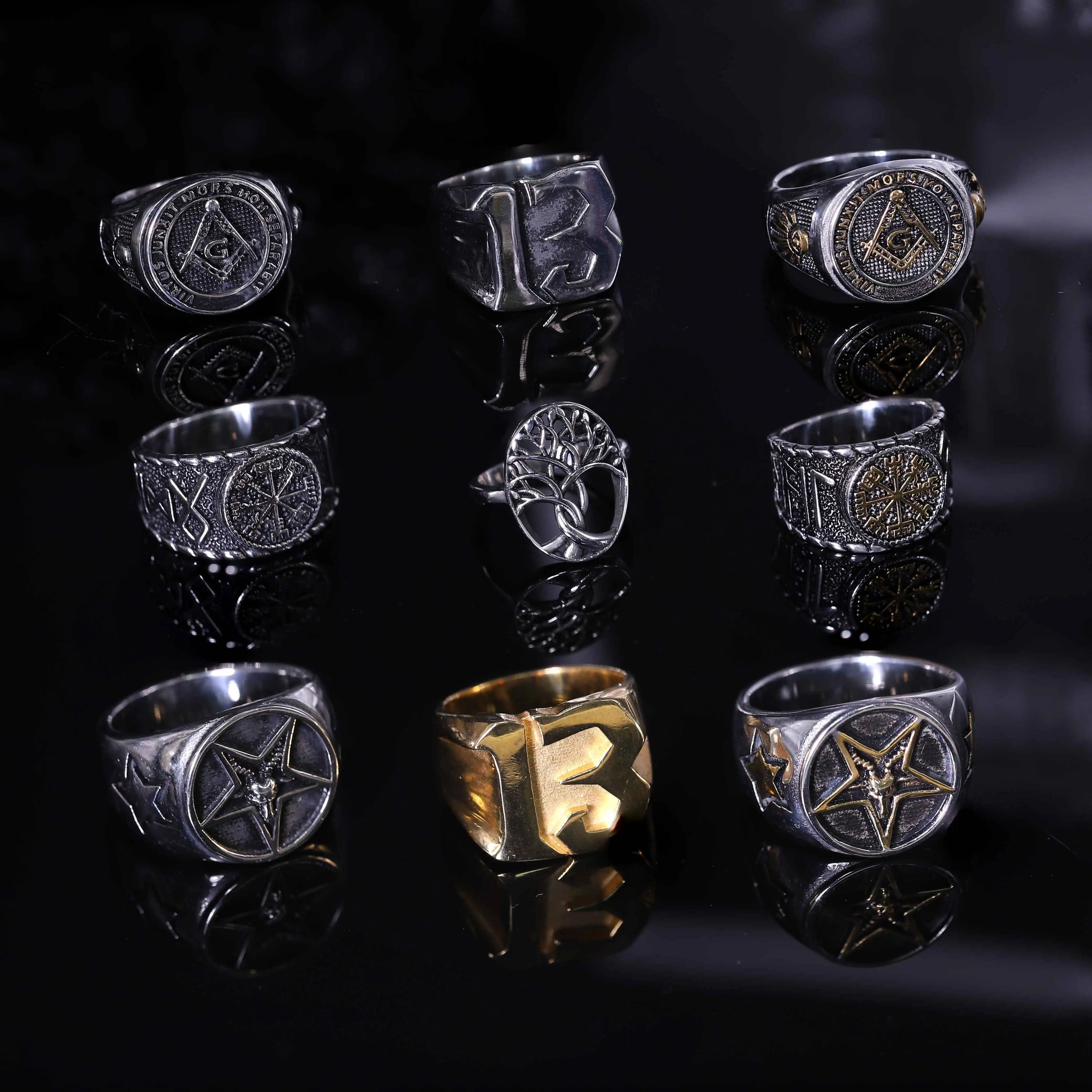 Viking Runes Stainless Steel Steampunk Ring Vintage Number 13 Punk Style Pentagram Masonic Tree Of Life Gothic Man Rings Jewelry