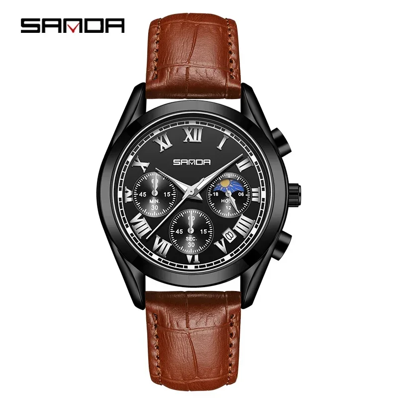 Sanda 5012 الطلب مضيئة الأيدي رجال الأعمال مشاهدة العلامة التجارية الأعلى حزام من الجلد مقاوم للماء حركة الكوارتز اليابانية الرقم الروماني