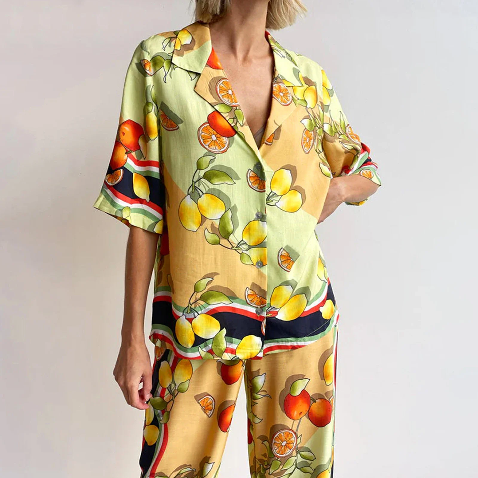 Women s Summer 2 Piece Casual Outfits Lemon Print Shirt Tops Wide Leg Pants Pajama Sets Streetwear