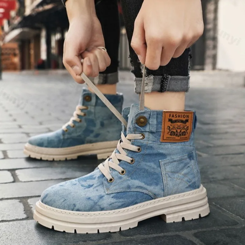 Retro-Denim-Casual-High-Top-Shorts-Stiefel mit dicken Sohlen für Herren, 2025, Herbst, britischer Stil, Mode, vielseitige, bequeme Stiefeletten