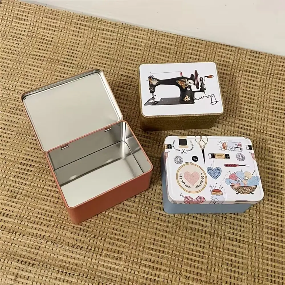 Rectangular Shape Sewing Storage Box Printed Pattern Smooth Metal Surface Thread Storage Box Portable Organizer