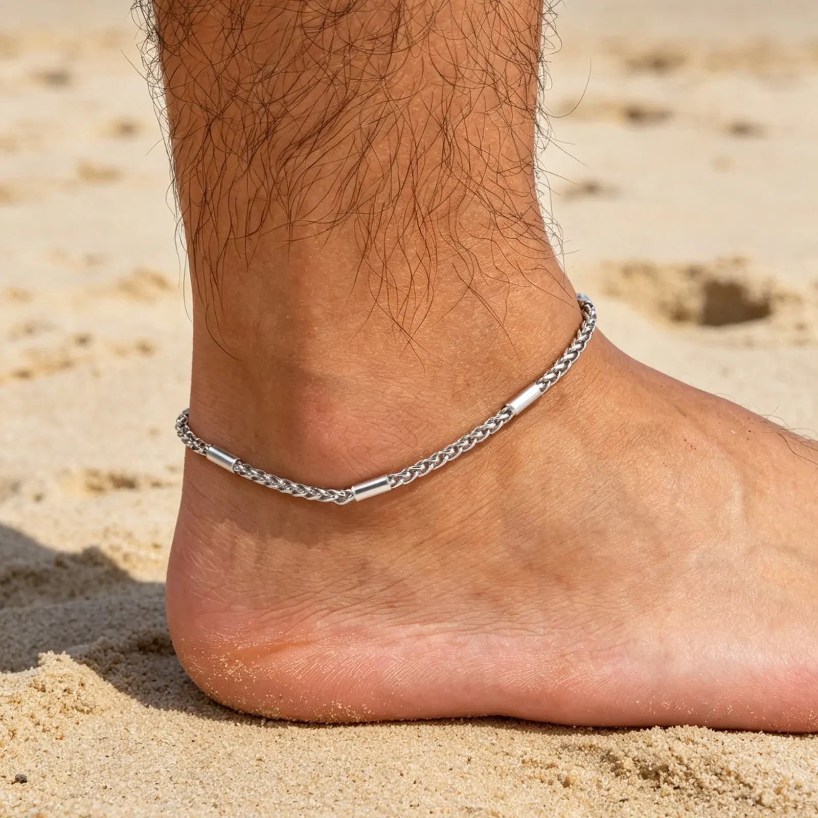 Hip-Hop Herren-Fußkettchen, Wasserfestes Silberfarbenes Edelstahl-Fußkettchen, Sommer-Strandschmuck für Ihn – Detail 2