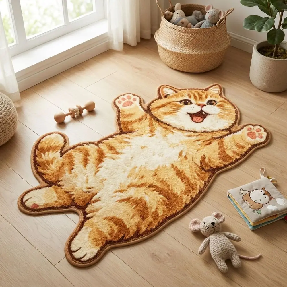 Cute 2D Cat-Shaped Area Rug Non-Slip Easy to Clean Home Decor Carpet Anti-fouling Cartoon Carpet Bedrooms