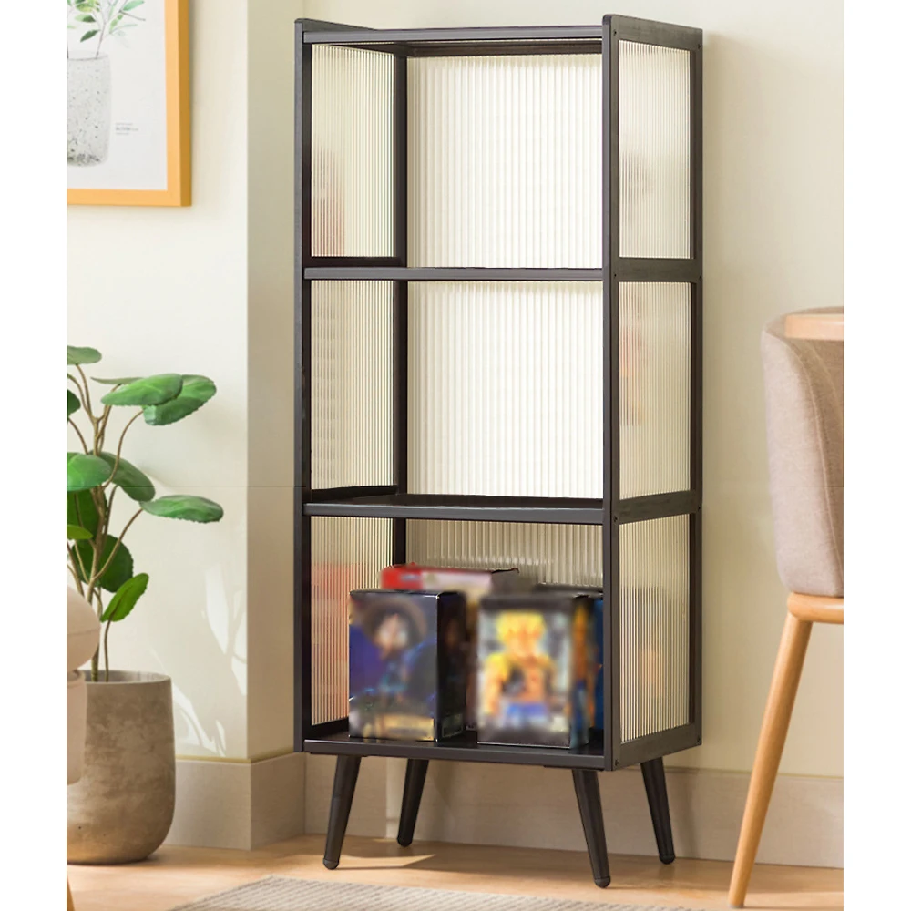 4-Tier Black Metal Display Cabinet with Fluted Acrylic Doors Stackable Dustproof Figurine Collectibles Showcase Open/Closed Combo Bookshelf Freestanding Toy Figure Storage Shelf for Living Room Home Decor