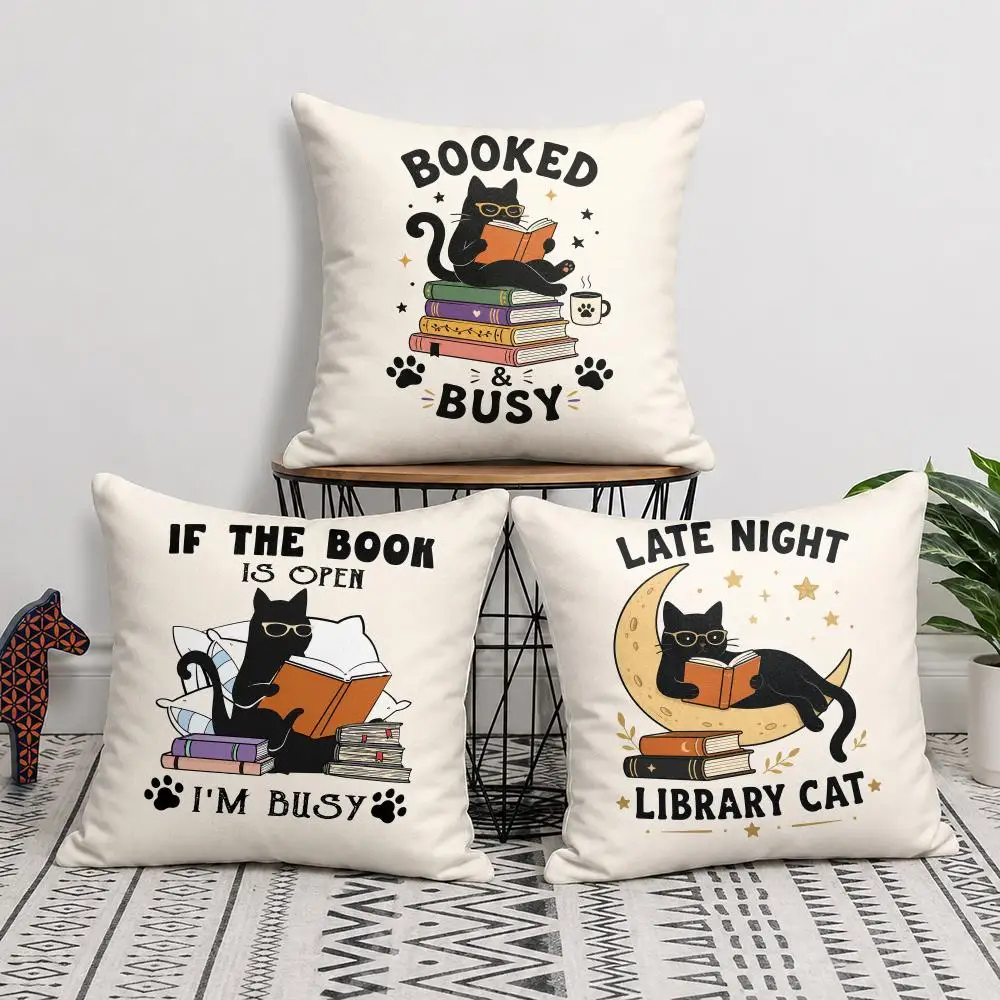 Cats and Books Cushion Cover Short Plush Double Sided Printed Soft Pillow Case Home Sofa Decor Festival Gifts