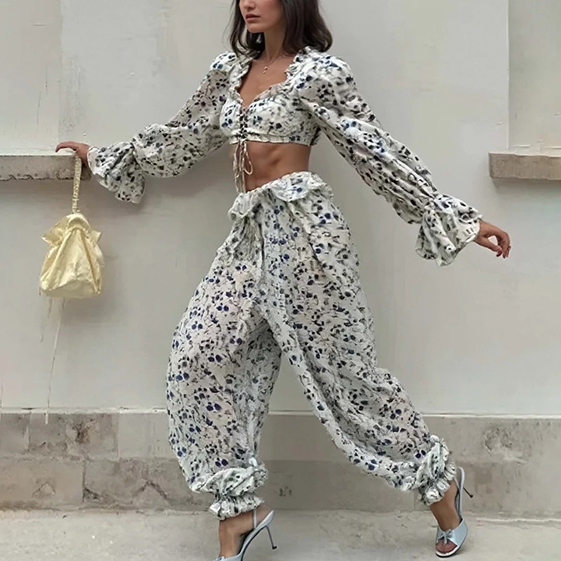 

Summer New High Waist Pants Set Sexy V-neck Lace Up Printed Crop Tops&Lantern Pants Sets Elegant Lady Loose Chiffon Commute Set