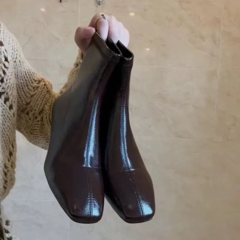 

Women's 2025French Fashion Square Toe Low Block Heel Back Zipper Booties New Autumn Skinny Stretch Boots