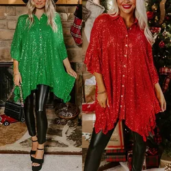 Women's S-XL Size European and American autumn and winter new Christmas mid sleeved sequin shirt INS party loose casual