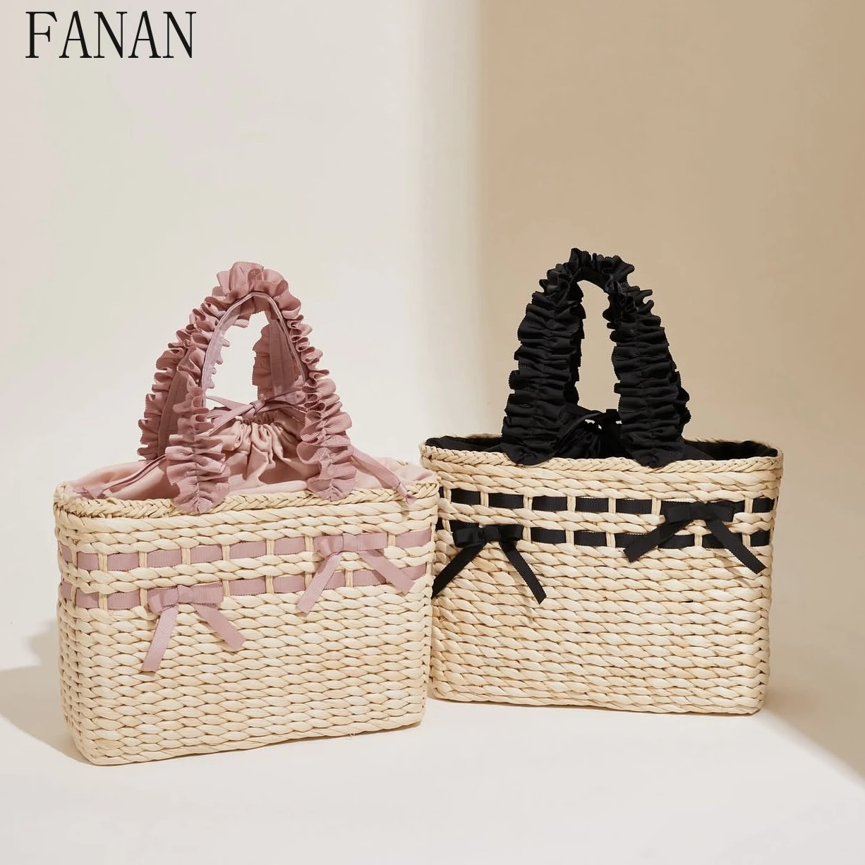

Top-Handle Bags Japanese Style Hand-woven Bag Summer Vacation Casual Handbag Straw Weaving Manual Sewing Handbags for Women