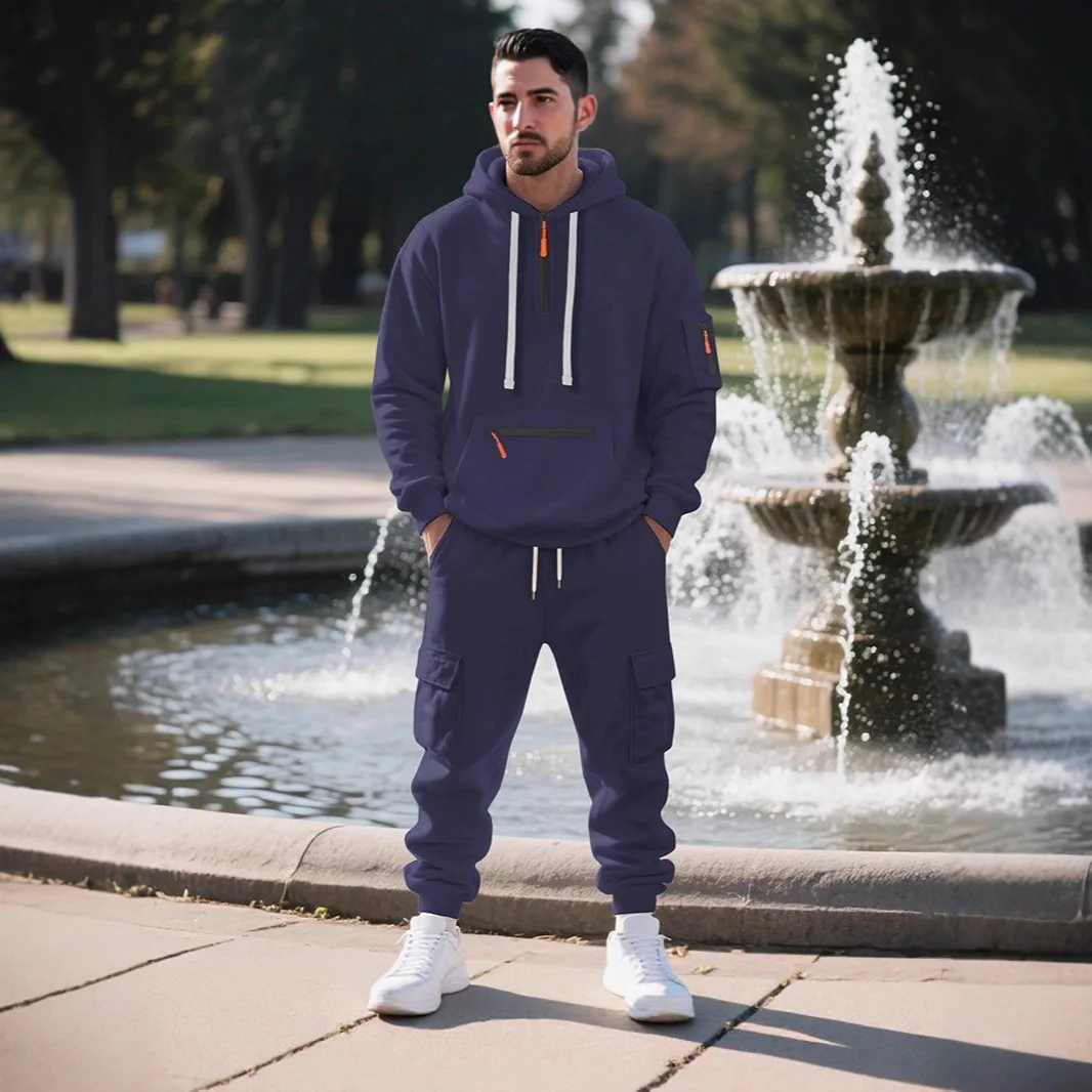 

Men's Winter Fleece Lined Tracksuit Thick Warm Casual Sports Set Loose Fit Half Zip Sweatshirt Cargo Pants Workwear 2 Piece Outf