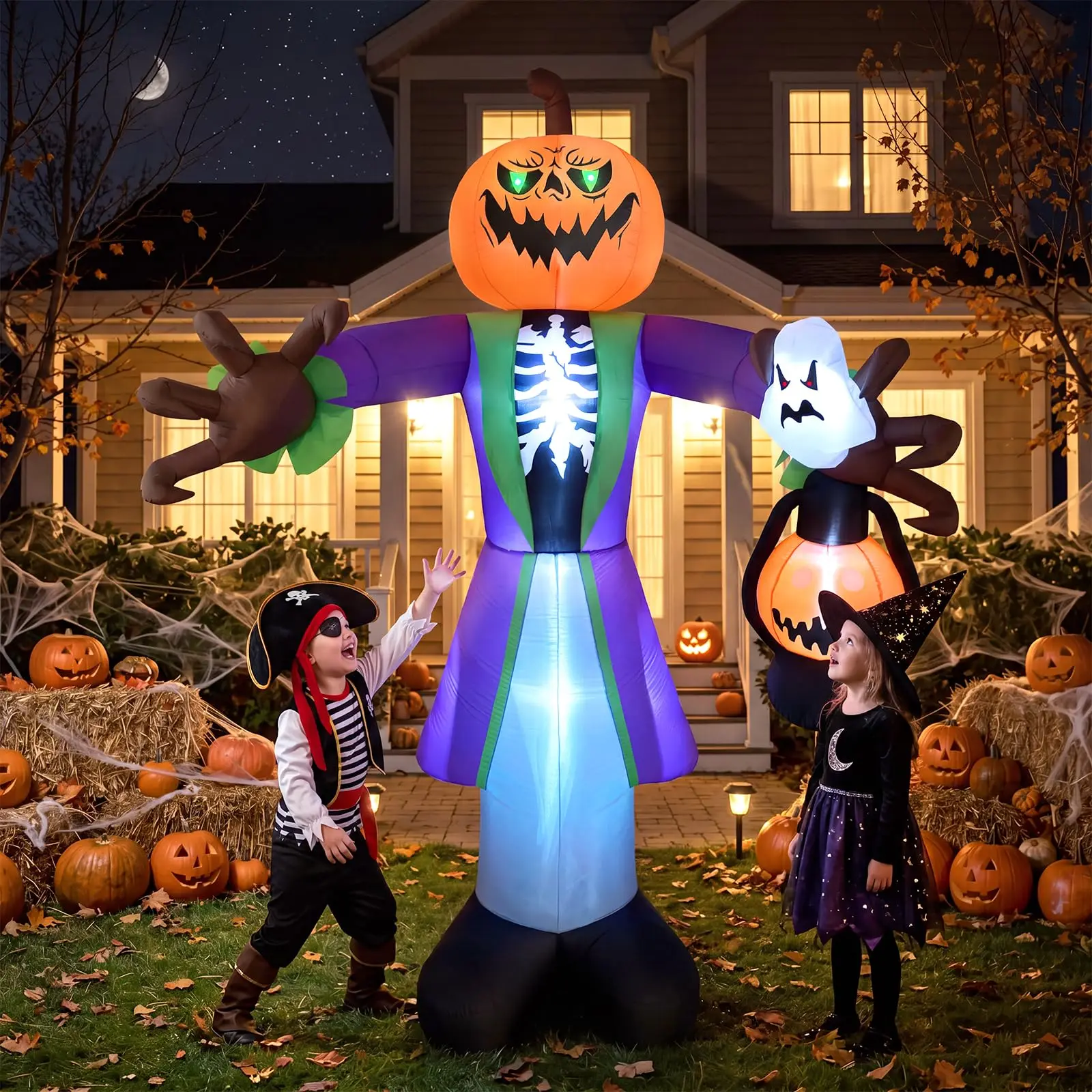 Decorazione gonfiabile per Halloween: set con streghe, zucca e fantasma, ideale per esterni, giardini, portici e vetrine, include pompa ad aria.