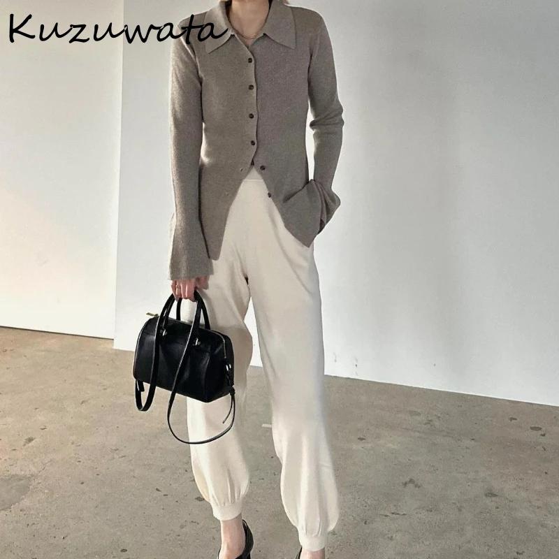 Kuzuwata Vintage Turn-Down Collar Flare Sleeve Jumper Single Breasted Solid Stripe Pull Femme Japan Fashion Soft Simple Tops