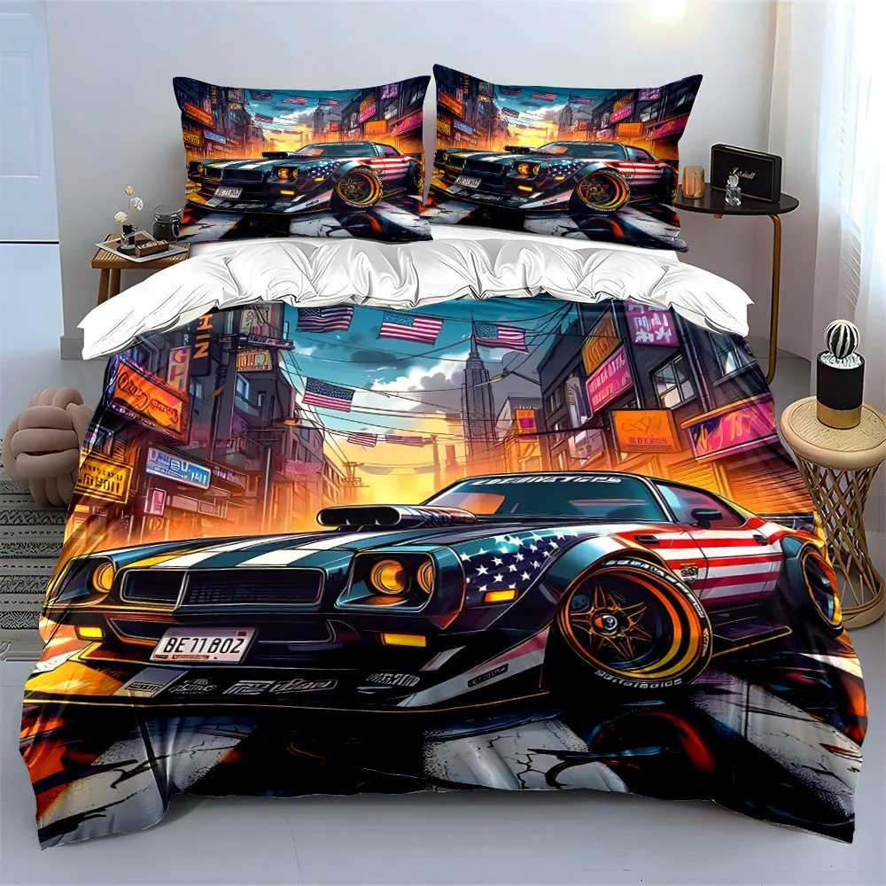 Retro Race Car on Neon Street Print Bedding Set 1 Duvet Cover 2 Pillowcases for Adult and Children Luxury Gift Full Size