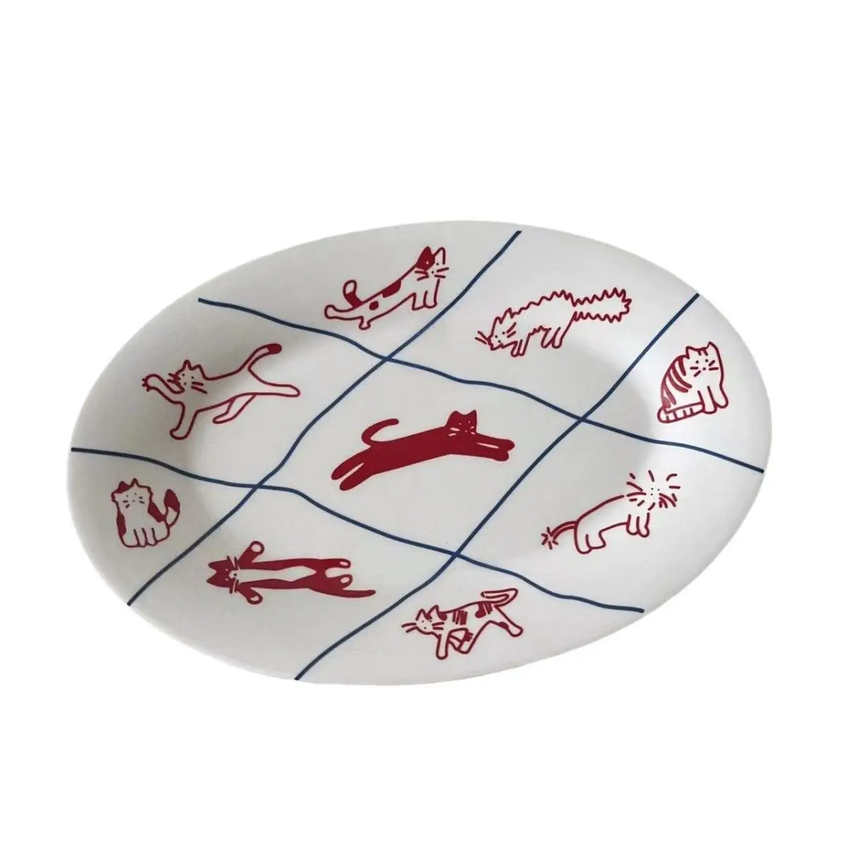 Oval Fish Plate, Cute Cartoon Line Cat and Dog Ceramic Plate Ceramic Tableware Vegetable Salad Breakfast Fruit Yogurt Bowl