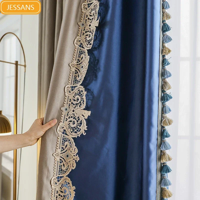 French Light Luxury Blue Champagne Lace Splicing Glossy Curtains for Bedroom Living Room Floor-to-ceiling Windows Customization