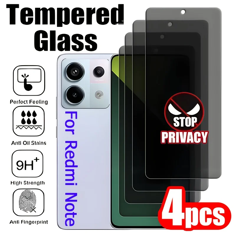 

4Pcs for Redmi Note7/8T/9/10/11/12/12R/13/13R/14,7/9S,7/9/10/11/12/15Pro,11/12Pro+,10Pro Max Privacy Screen Protector-Anti Peek