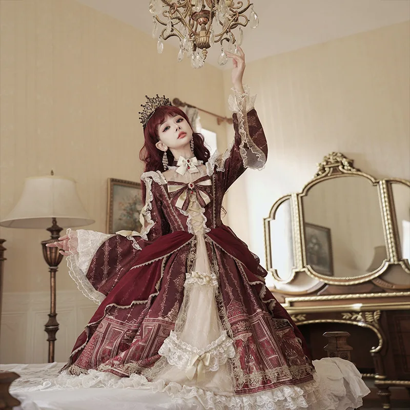 MAGOGO Red Lolita Princess Long Sleeve Dress Women Spring Fall Vintage Palace Style Bow Lace Tea Party Dress Female Cake Dress