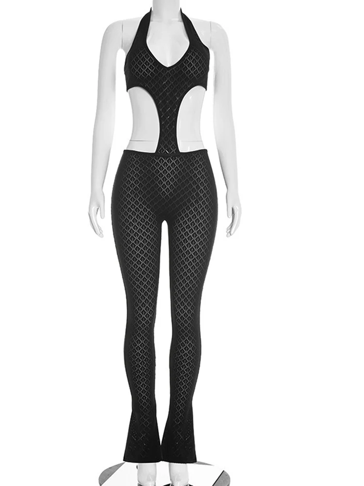 Beyprern ​ ​ Combinaison sexy noire en crochet à découpes pour femme, dos nu, transparente, taille haute, moulante, tenue de club