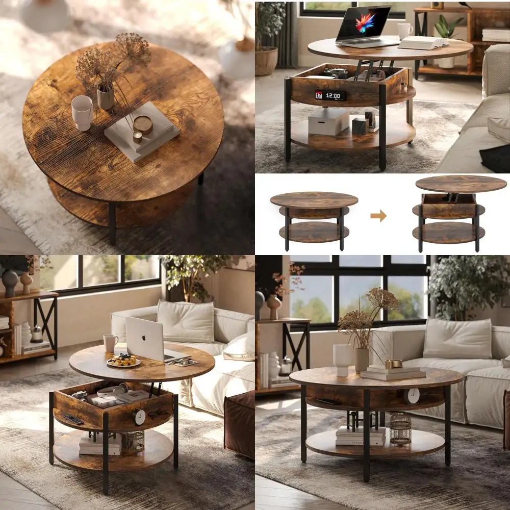 

Круглый кофейный столик с местом для хранения, дизайн Armhouse 26.77, двухуровневый круглый обеденный стол, цвет рустик-коричневый