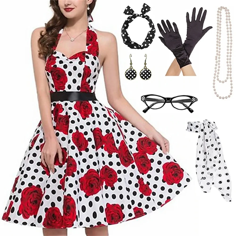 Vintage 1950s Rockabilly ALine Dress with accesories Hepburn Wind Retro Women\'s Cosplay Costume Party Evening Masquerade Dress