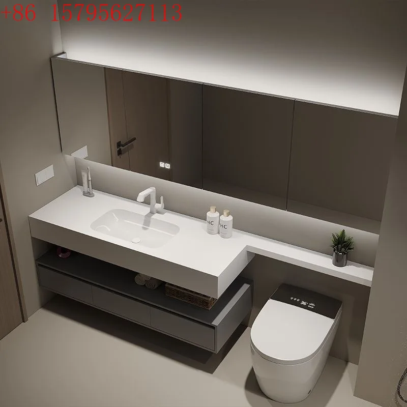 

Handwashing integrated solid wood bathroom cabinet seamless bathroom rock slab combination washbasin