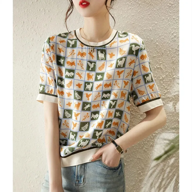 Women's Casual Crew Neck T-shirt Animal Plant Print Checkered Short Sleeve Loose Fit Summer Top