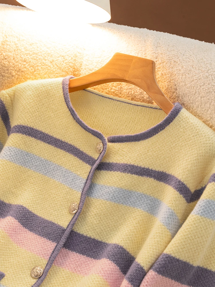 New Chic 100% Merino Wool Sweater For Women O-neck Striped Grace Cardigan Office Lady Multicolor Wool Knitwear Spring Autumn Top