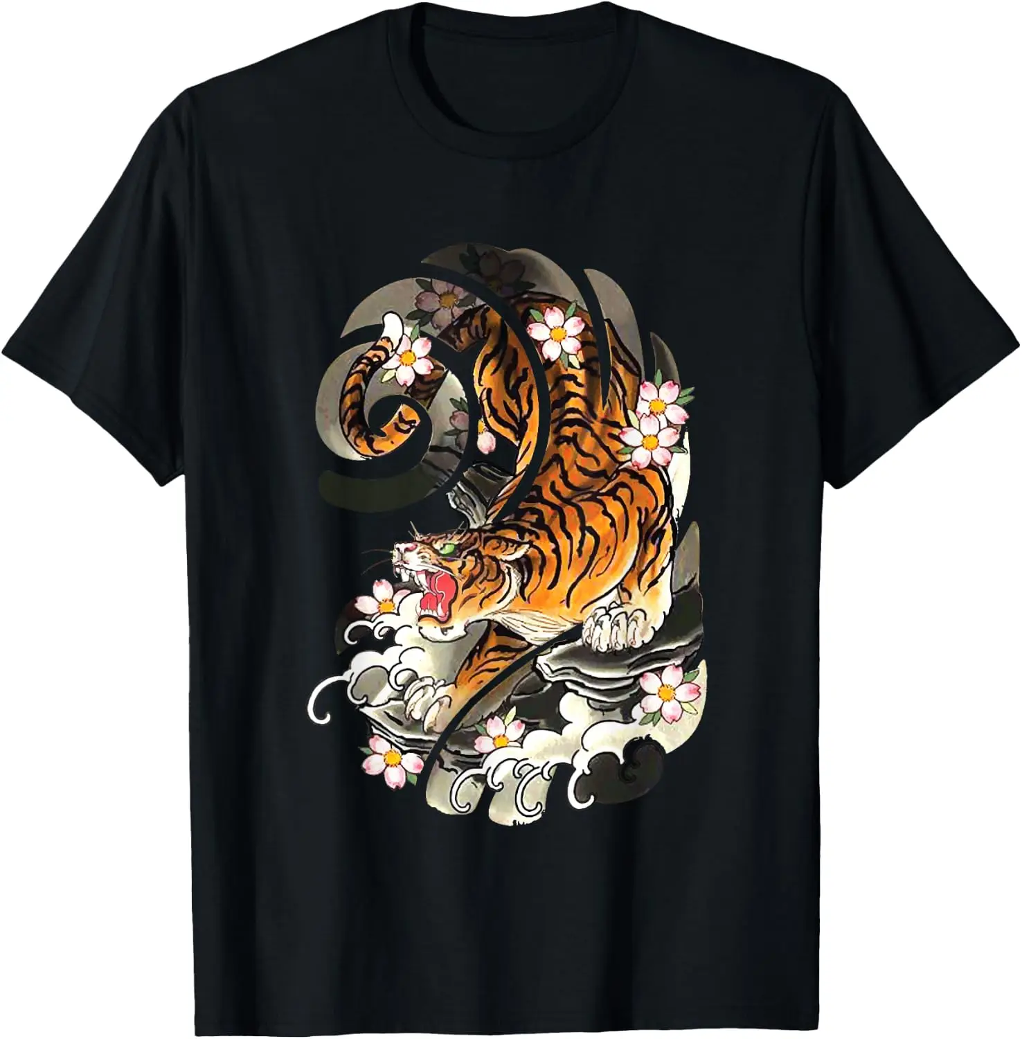Vintage Japanese Tiger Traditional Asian Cherry Blossom Art T-Shirt Small 100% Cotton Trendy Y2K Short-Sleeve Tee-Soft,