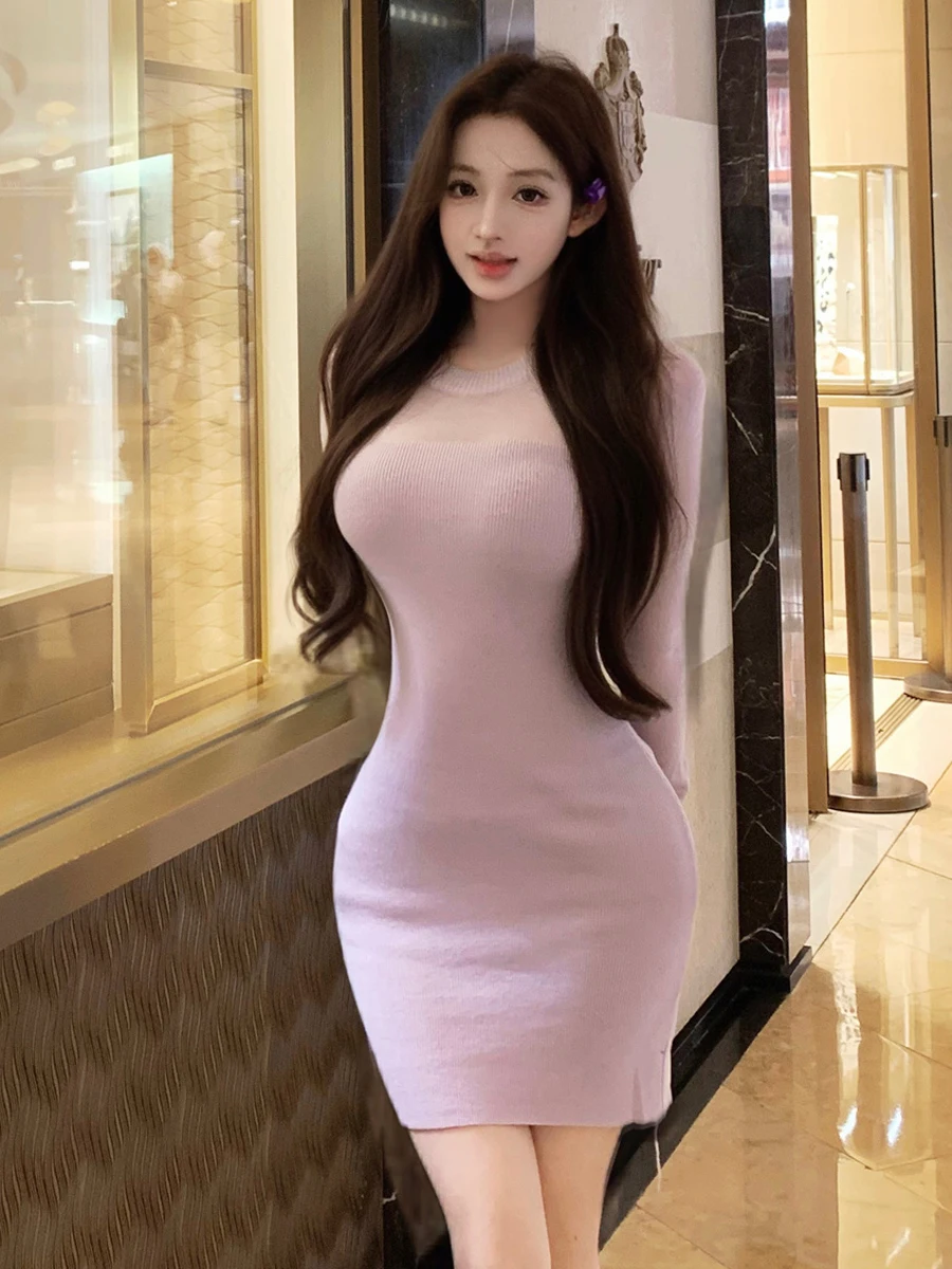 

Sexy Knitted Wrap Bodycon ort Dr Pure Desire Sle Long Sve round Ne Base Layer Dr Slimming Trendy Ladies Dr