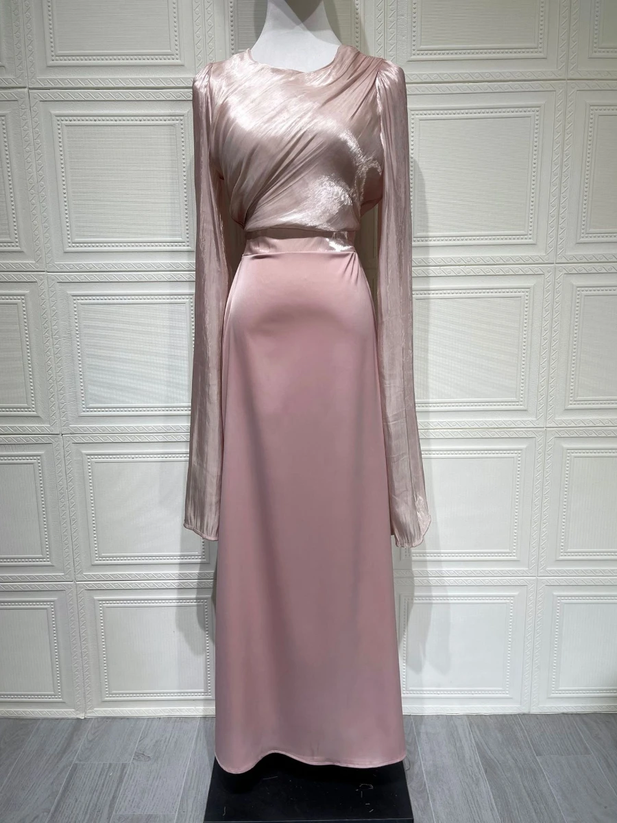 VGH Luxe Yeas End Satijnen Maxi Jurk voor Vrouwen O Hals Batwing Mouw Hoge Taille Formele Avond Vissenstaart Jurken Vrouwelijke Nieuwe