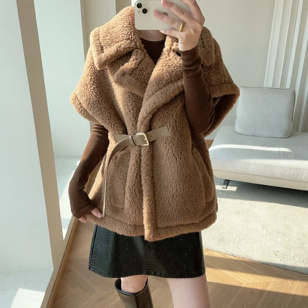 MAX Teddy Bear Shawl Female Autumn Winter Camel Jacket Sheep Wool Coat Lapel Short Alpaca Silk High-end Fashion Jacket