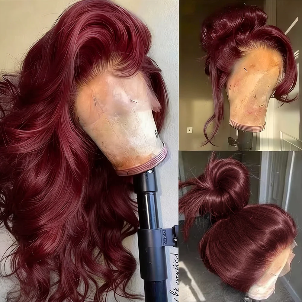 250% Burgundy 13x6 Hd Lace Frontal 99J Human Hair Wig Body Wave Lace Front Human Hair Wigs 30 40 Inch Brazilian Colored Red Wig