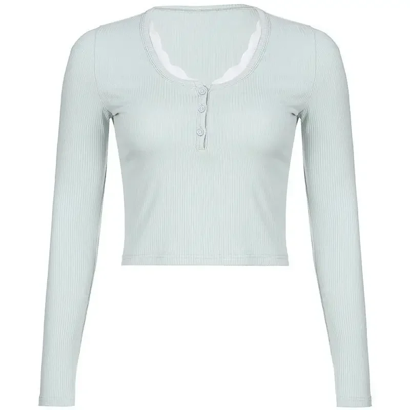 Dames T-Shirts Lange Mouw Slanke Kanten Knoop Kawaii T-Shirts Dames Y 2K Tops Casual Tees Pulovers 2024 Lente Nieuwe Vrouw Clotin