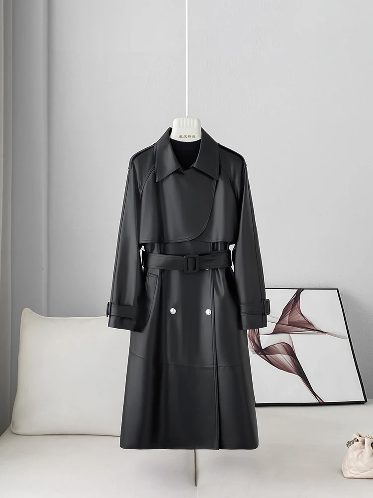 Veste longue en cuir véritable pour femmes, coupe cintrée, élégante, Double boutonnage, rose, ceinturée, Trench-vent en peau de mouton, 2025