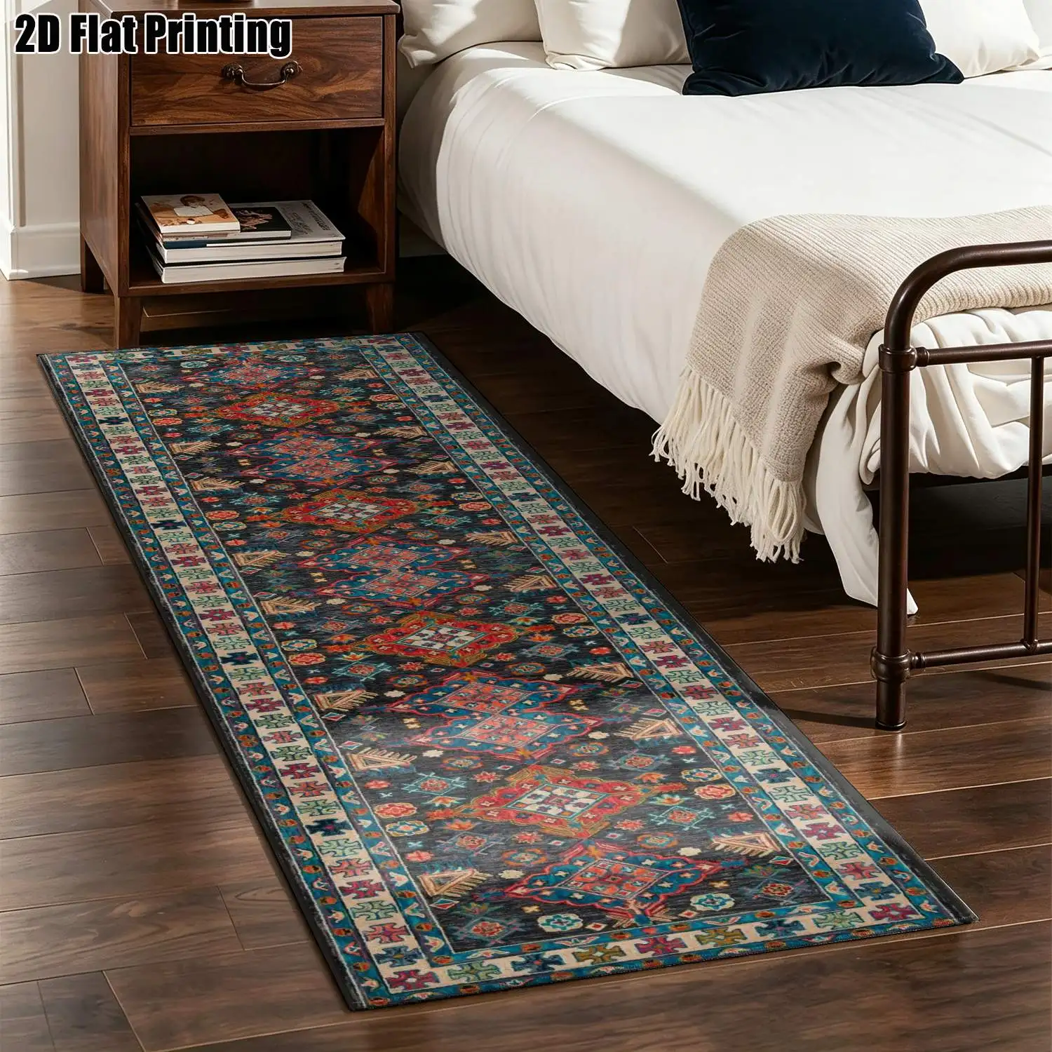 1Pc 2D Printed Long Strip Runner Carpet: Retro Geometric Floral, European/Bohemian Style, Machine Washable, Multi-Size, Ideal for Hallway, Entrance, Living Room, Bedroom Home Decor
