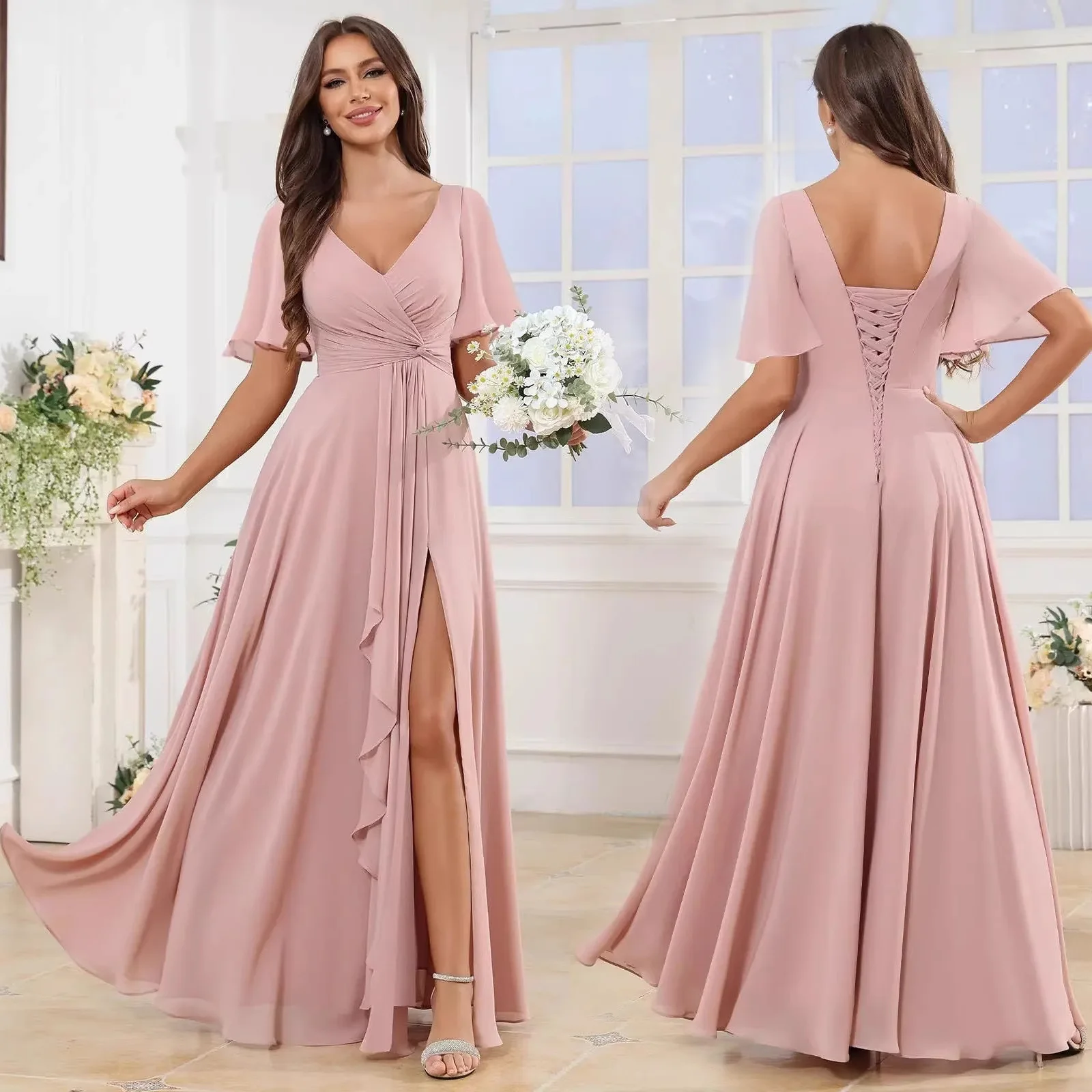 a-line-chiffon-bridesmaid-dresses-v-neck-ruffles-slit-pleat-short-sleeve-elegant-wedding-party-formal-prom-evening-lace-up-back