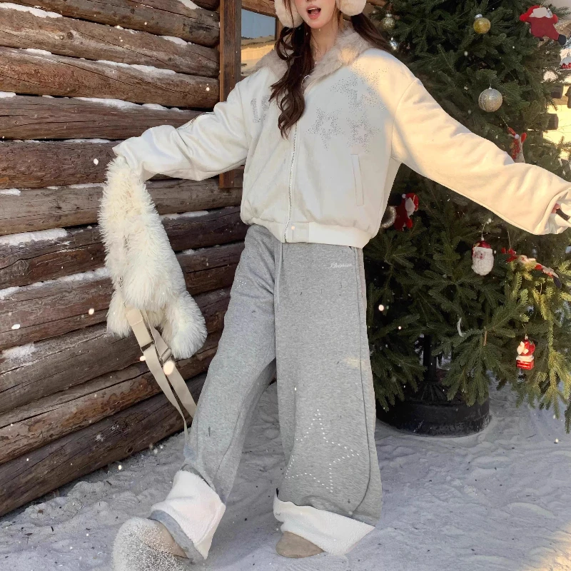 Vintage Design Star Pattern Lamb Wool Splicing Women's Pants Autumn Winter Versatile Fleece Lined Warm Wide-Leg Trousers Ladies