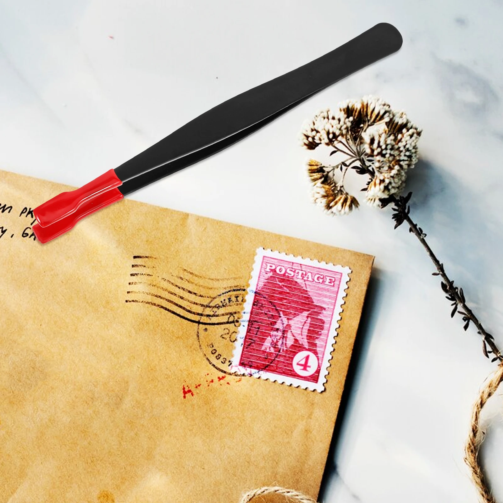 

Stainless Steel Tweezers Black Flat Tip Red Coating Lightweight Multi-use Ideal for Stamp Coin Collecting Eyelash