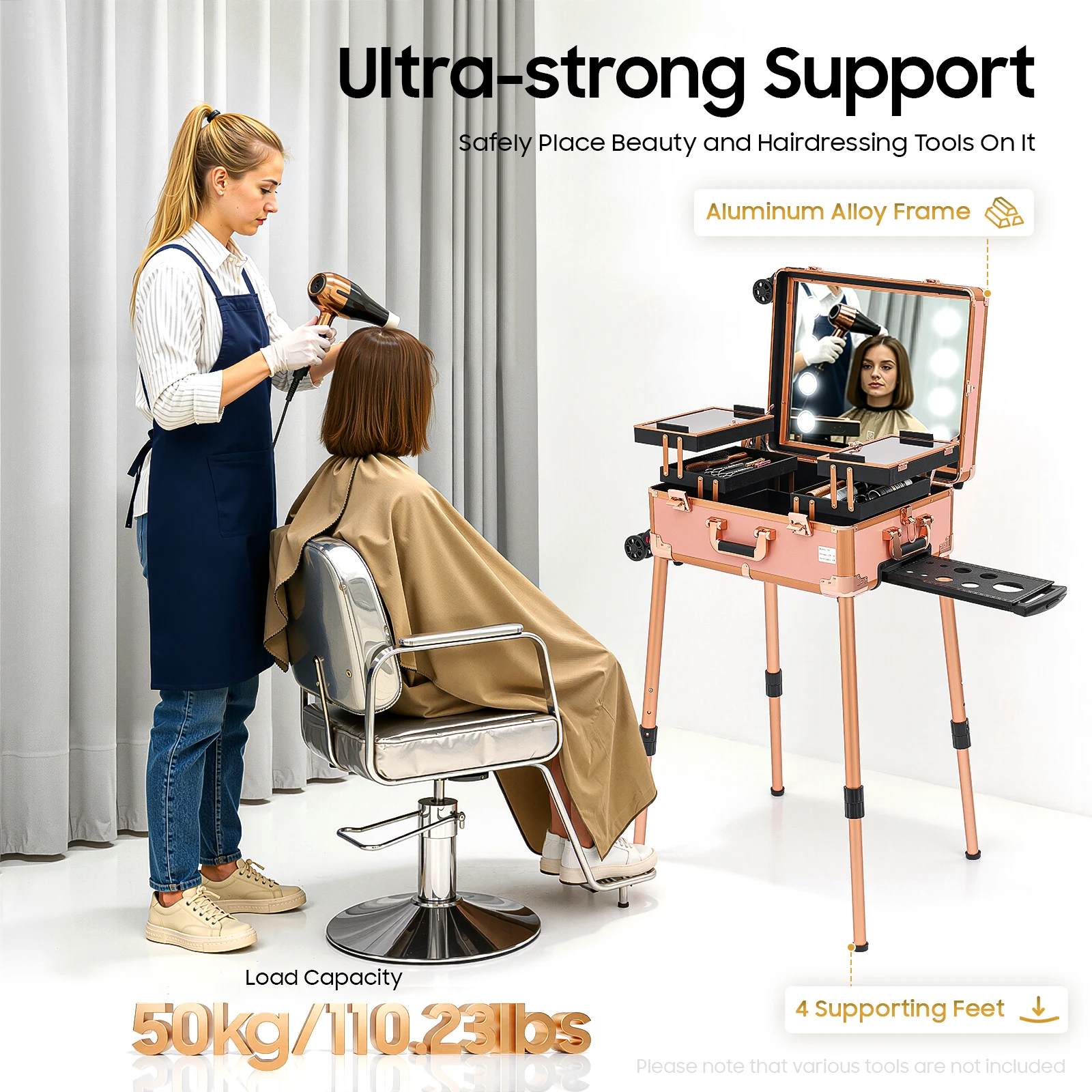 Professioneller Make-up-Koffer 3-stöckig 50kg Kapazität 8 LED-Lichter 3-stufig dimmbar Salon-Rollkoffer für Make-up-Künstler Friseur Nageltechniker Schönheit Rosa/Schwarz – Detail 1