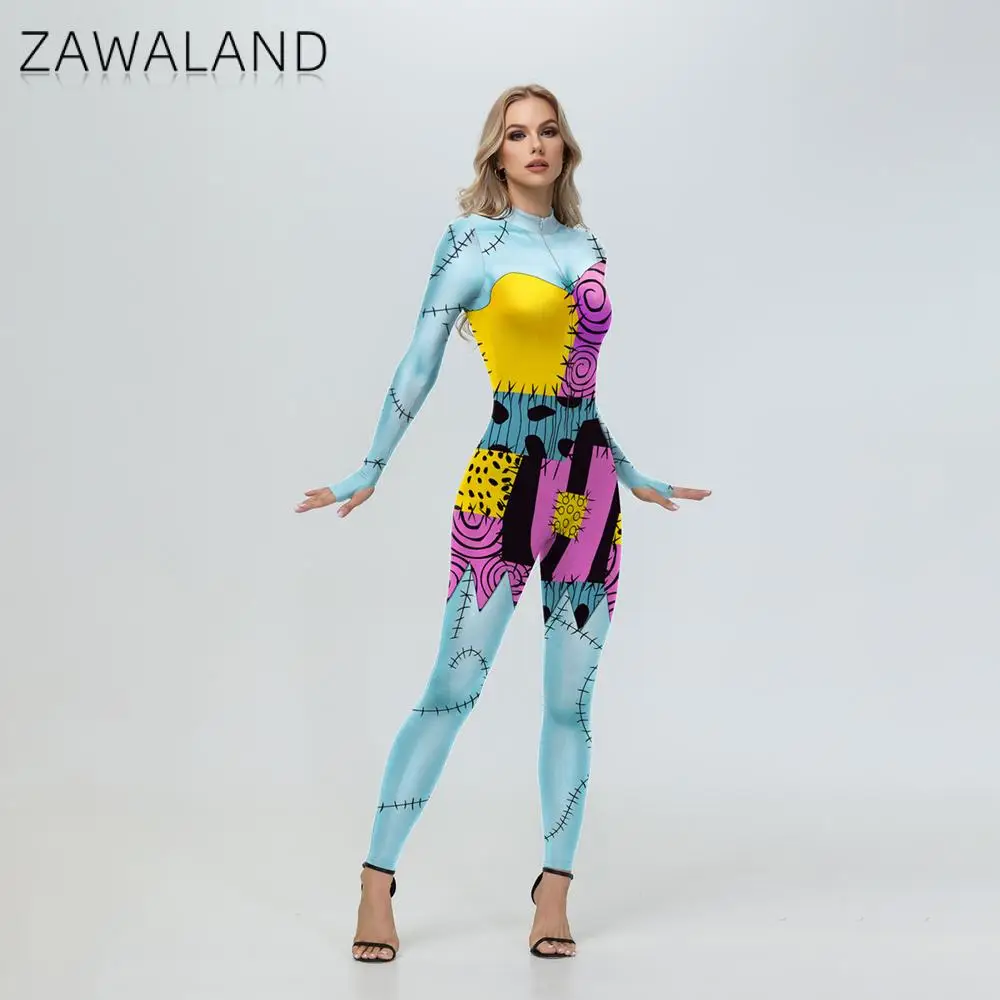 ZAWALAND Cosplay Sally Zentai Bodysuits Costume for Women Gothic Scary Sally Costumes Slim Jumpsuit Carnival Dress Up Leggings