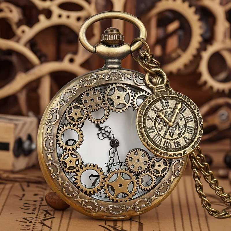 الرجعية البرونزية الجوف والعتاد منحوتة ساعة جيب كوارتز قلادة قلادة ساعة سلسلة هدية تذكارية للرجال النساء Reloj Hombre
