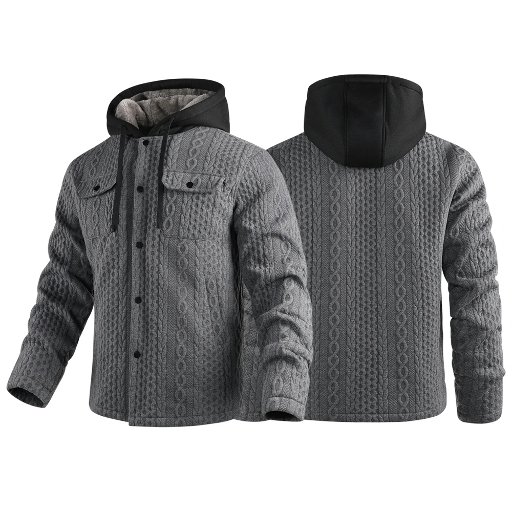 

Men's winter jacket with hood, outdoor casual sports jacket, mesh fabric, thick and long plush jacquard jacket, windproof coat