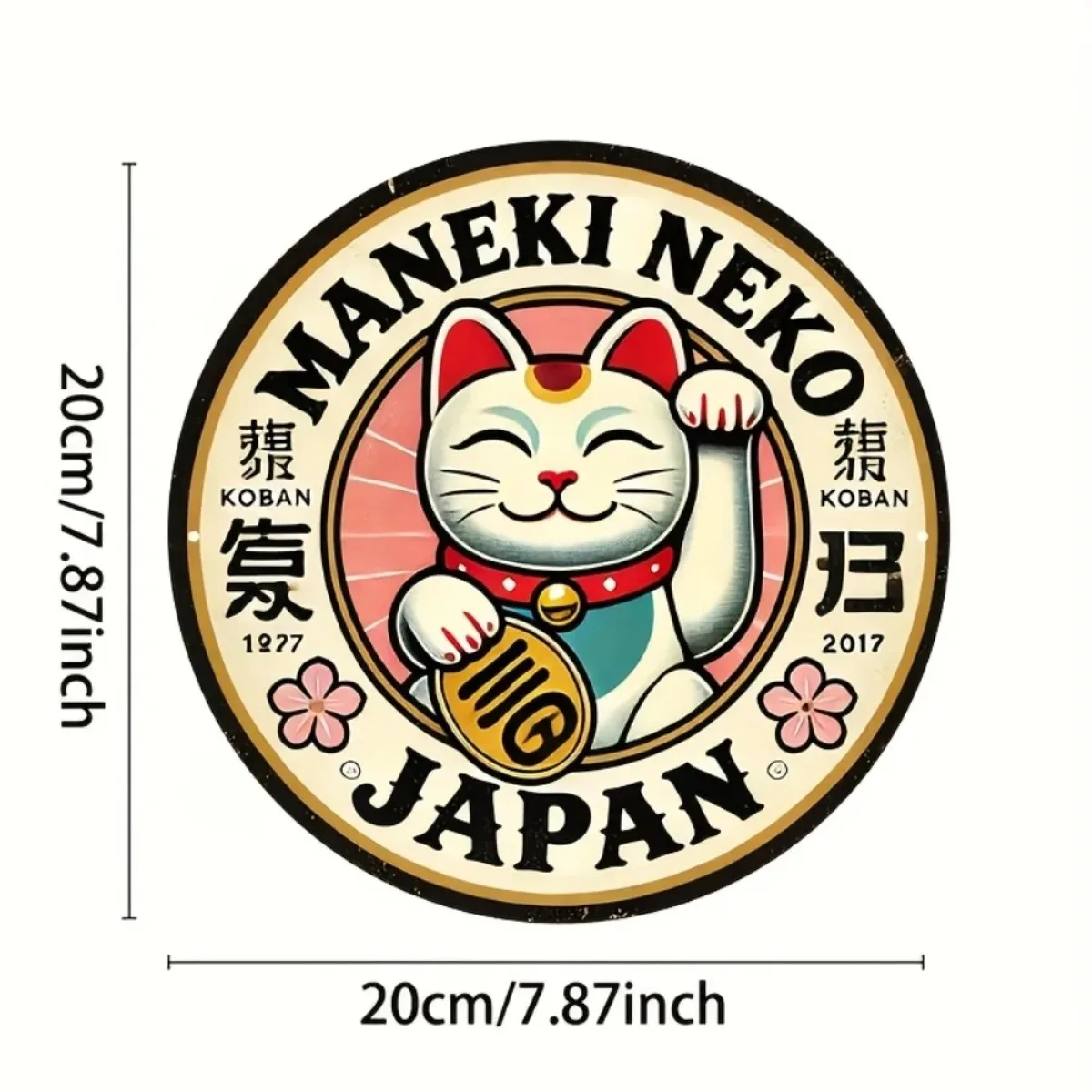 Retro Japanese Charm Maneki Neko Aluminum Sign: Round Lucky Cat Wall Art for Home & Office